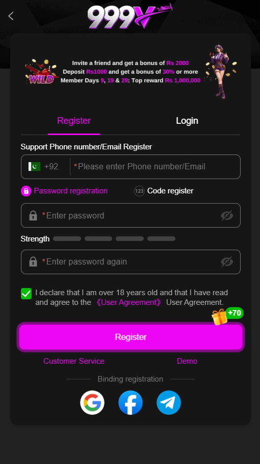999V Login screen