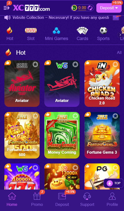 Xc777 Game Home screen
