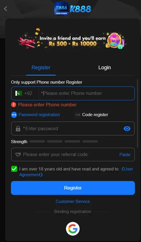 K888 Game Login Screen