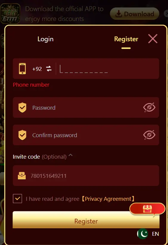 E7777 Game Login and Register
